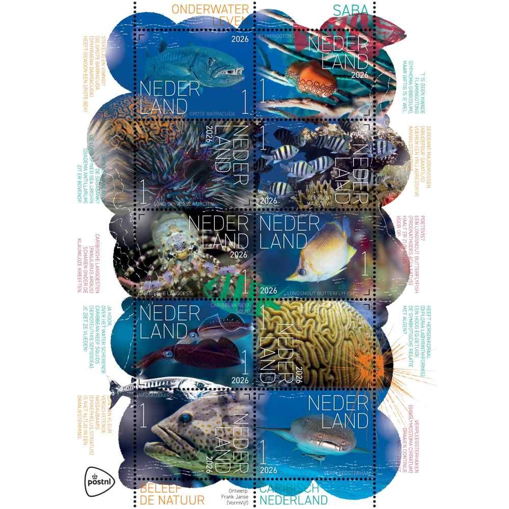 Beleef de natuur – Onderwaterleven Saba complete stamp sheet